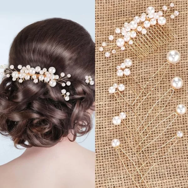 9 Pieces U Shape Hair Comb Set  Pearl Side Combs Bridal Bobby Pins Updo Hair Pieces Elegant Gold Wedding Hair Accessories for Women