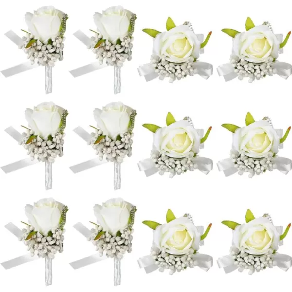 Geosar 12 Pcs Wedding White Corsage and Boutonniere Set for Bride Bridesmaid Includes 6 Artificial Corsage Wristlet and 6 Boutonniere for Men Wedding Wrist Corsage Rose Prom Suit Decorations