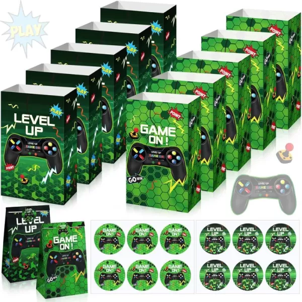 Geosar 30 Pcs Video Game Party Paper Bags Gaming Party Favors Gift Bags Gamer Theme Party Goodie Bags Boys Birthday Party Decorations Treat Candy Bags with 30 StickersGreengreen