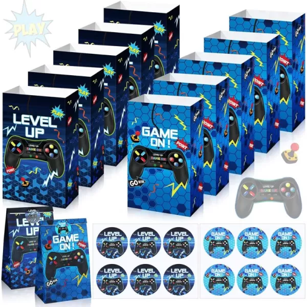 Geosar 30 Pcs Video Game Party Paper Bags Gaming Party Favors Gift Bags Gamer Theme Party Goodie Bags Boys Birthday Party Decorations Treat Candy Bags with 30 StickersGreenBlue