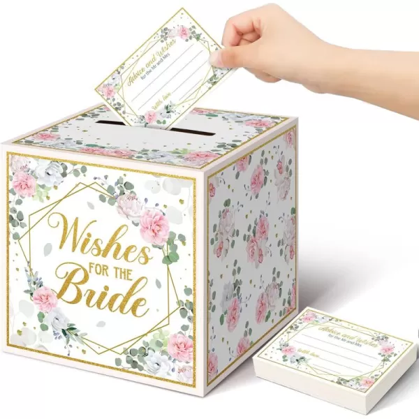 Geosar 51 Pieces Floral Bridal Advice Cards and Box Set Wedding Bridal Shower Advice Card Holder Box Advice and Wishes Cards Essential Wedding Decorations for Wedding Bridal Shower Activity