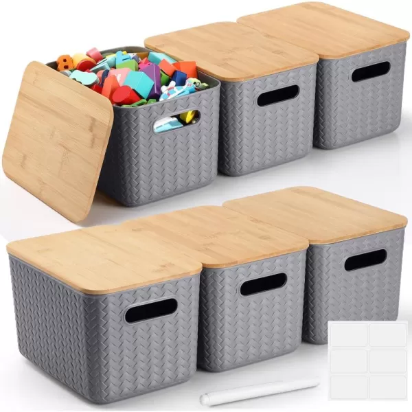 Geosar 6 Pcs Storage Bins with Bamboo Lids Plastic Storage Containers Stackable Storage Box with and Handle with 6 Labels and Marker for Organizing Toys and More 101x7x669 In Classic WhiteGray