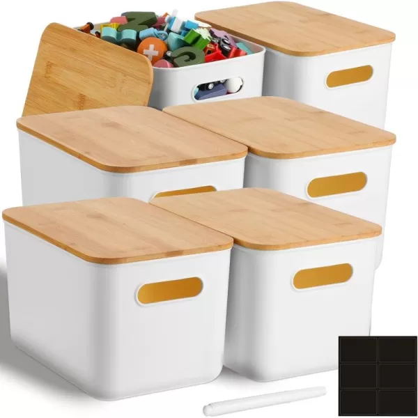 Geosar 6 Pcs Storage Bins with Bamboo Lids Plastic Storage Containers Stackable Storage Box with and Handle with 6 Labels and Marker for Organizing Toys and More 101x7x669 In Classic WhiteWhite