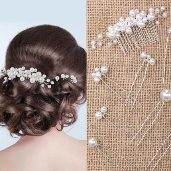 Geosar Wedding Hair Accessories Hair Clip Set of 9 including Pearl Hair Comb and Pearl Hair Pins for Brides Bridesmaids Women Elegant Style Silver