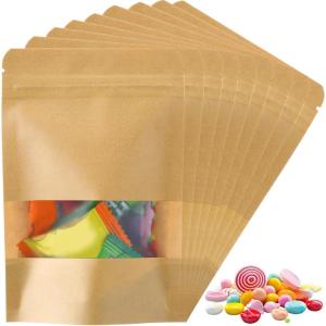 imageGeosar 300 Pcs Kraft Bags with Window 8 x 12 Inch Stand Kraft Pouches Bulk Zipper Paper Pouches Food Storage Reusable Heat Sealable Bags for Packaging Home Business4 x 6 Inch