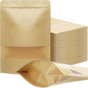 imageGeosar 300 Pcs Kraft Bags with Window 8 x 12 Inch Stand Kraft Pouches Bulk Zipper Paper Pouches Food Storage Reusable Heat Sealable Bags for Packaging Home Business7 x 10 Inch