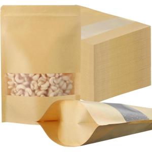 imageGeosar 300 Pcs Kraft Bags with Window 8 x 12 Inch Stand Kraft Pouches Bulk Zipper Paper Pouches Food Storage Reusable Heat Sealable Bags for Packaging Home Business8 x 12 inch