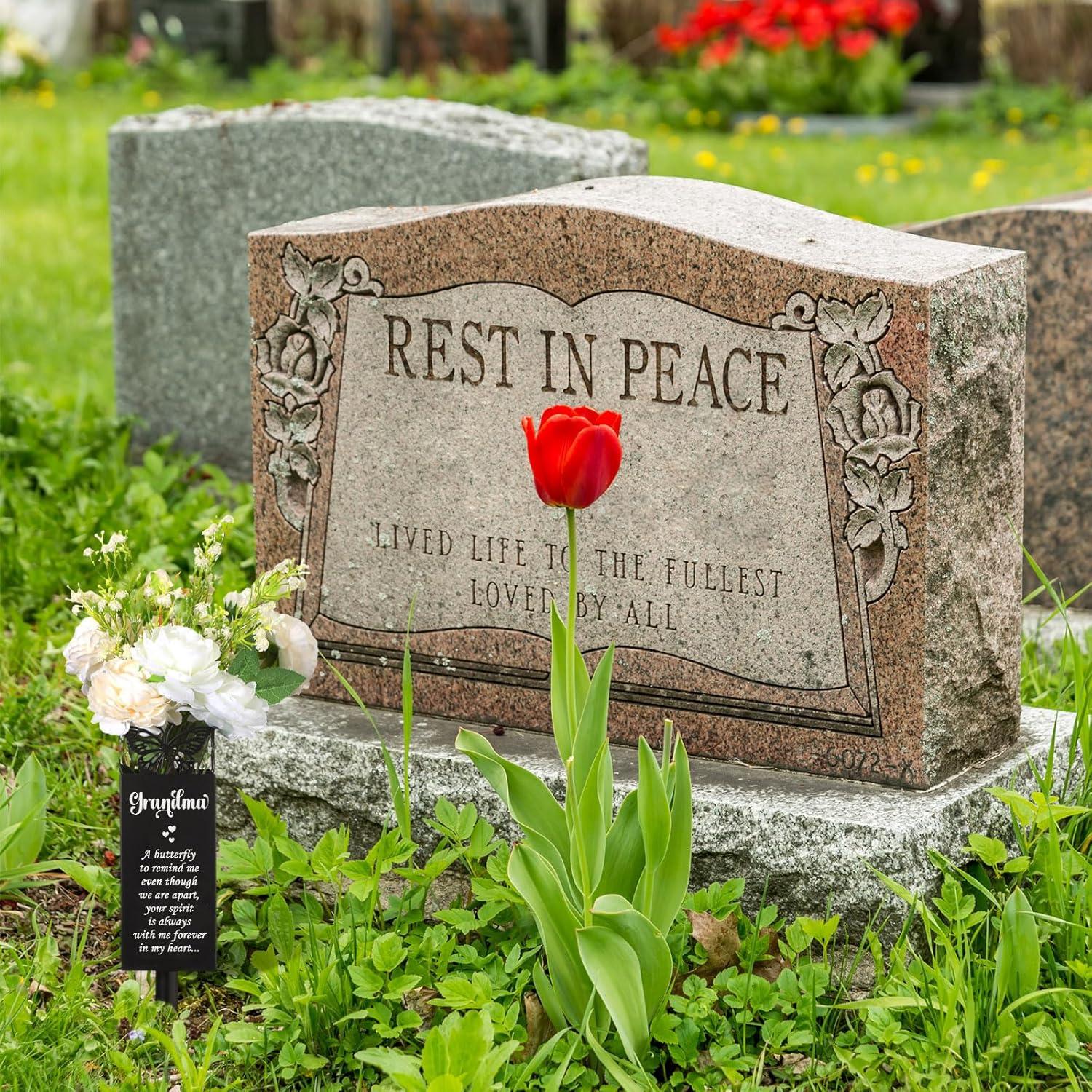 imageGeosar Cemetery Vases for Grave Metal Flower Butterfly Cemetery Vases Memorial Flower Holder with Spike Grave Marker Floral Cemetery Decorations for Grave Lawn Yard Outdoor FuneralMomGrandma