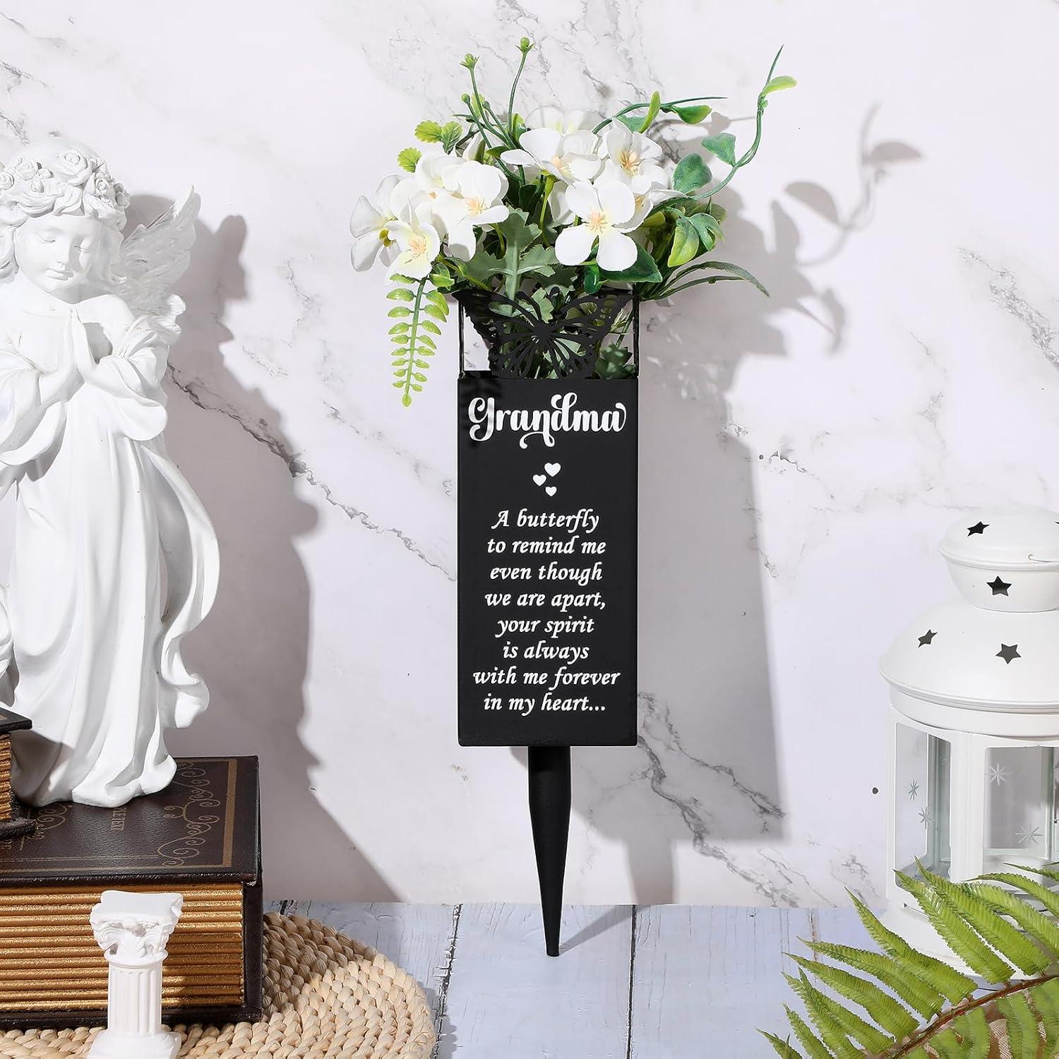 imageGeosar Cemetery Vases for Grave Metal Flower Butterfly Cemetery Vases Memorial Flower Holder with Spike Grave Marker Floral Cemetery Decorations for Grave Lawn Yard Outdoor FuneralMomGrandma