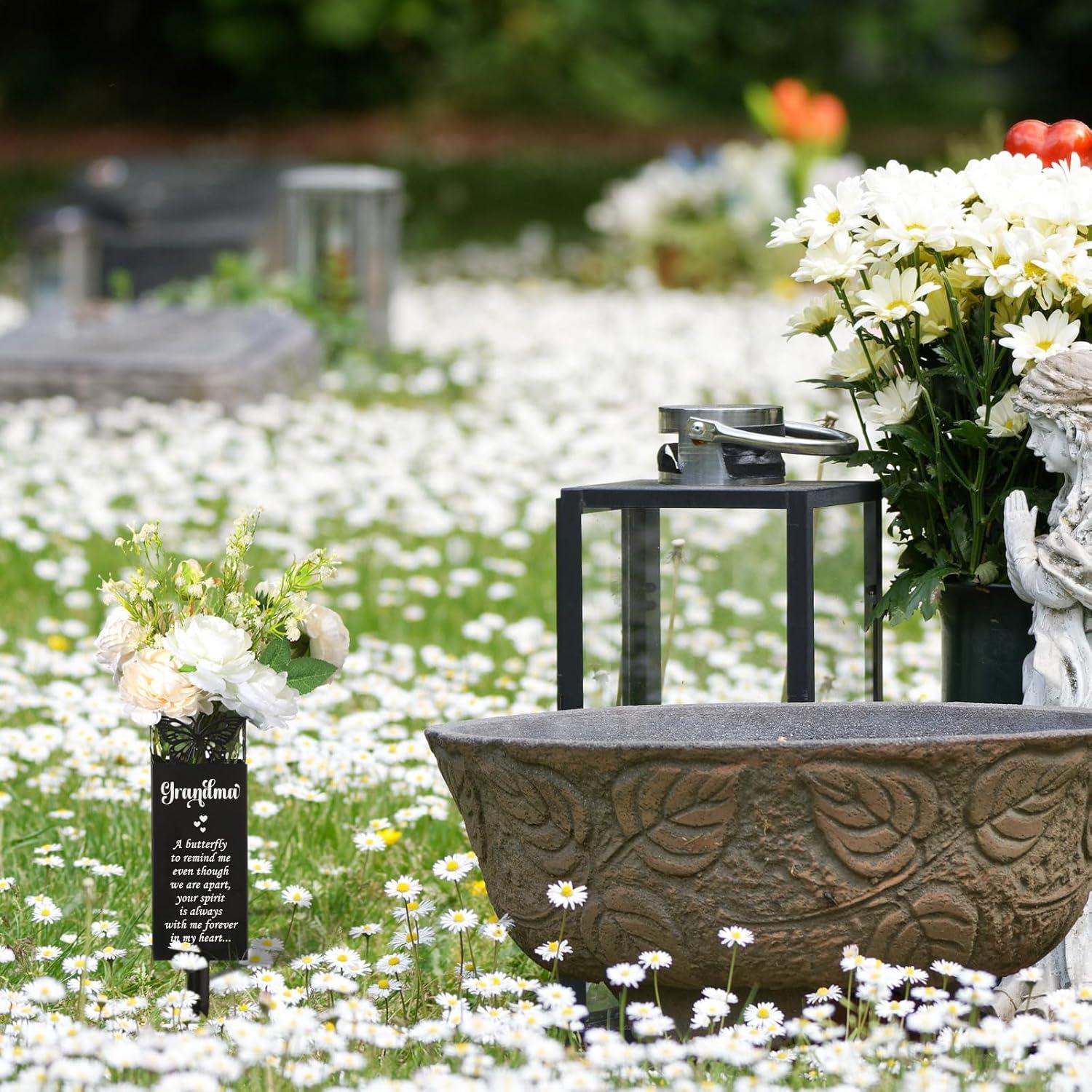 imageGeosar Cemetery Vases for Grave Metal Flower Butterfly Cemetery Vases Memorial Flower Holder with Spike Grave Marker Floral Cemetery Decorations for Grave Lawn Yard Outdoor FuneralMomGrandma