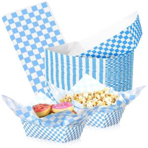 imageGeosar 100 Pcs Gingham Party Supply Disposable Paper Food Tray Bulk Disposable Food Boat with Checkered Wax Paper Sheet Checkered Wrapping supply for Carnival Picnic Birthday Party RedLight Blue
