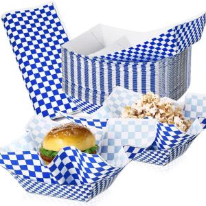 imageGeosar 100 Pcs Gingham Party Supply Disposable Paper Food Tray Bulk Disposable Food Boat with Checkered Wax Paper Sheet Checkered Wrapping supply for Carnival Picnic Birthday Party RedBlue