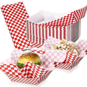 imageGeosar 100 Pcs Gingham Party Supply Disposable Paper Food Tray Bulk Disposable Food Boat with Checkered Wax Paper Sheet Checkered Wrapping supply for Carnival Picnic Birthday Party RedRed