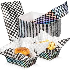 imageGeosar 100 Pcs Gingham Party Supply Disposable Paper Food Tray Bulk Disposable Food Boat with Checkered Wax Paper Sheet Checkered Wrapping supply for Carnival Picnic Birthday Party RedIridescent