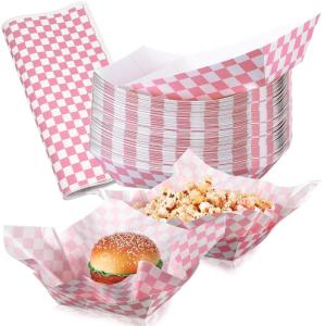imageGeosar 100 Pcs Gingham Party Supply Disposable Paper Food Tray Bulk Disposable Food Boat with Checkered Wax Paper Sheet Checkered Wrapping supply for Carnival Picnic Birthday Party RedPink