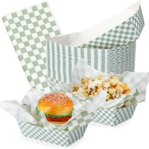 imageGeosar 100 Pcs Gingham Party Supply Disposable Paper Food Tray Bulk Disposable Food Boat with Checkered Wax Paper Sheet Checkered Wrapping supply for Carnival Picnic Birthday Party RedSage Green