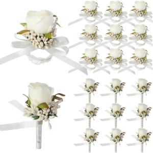imageGeosar 20 Pcs Wedding Corsage and Boutonniere Set Homecoming Artificial Corsage Wristlet and Boutonniere for Men Women Bride Bridesmaid Wedding Flowers Accessories Prom Suit Decorations White