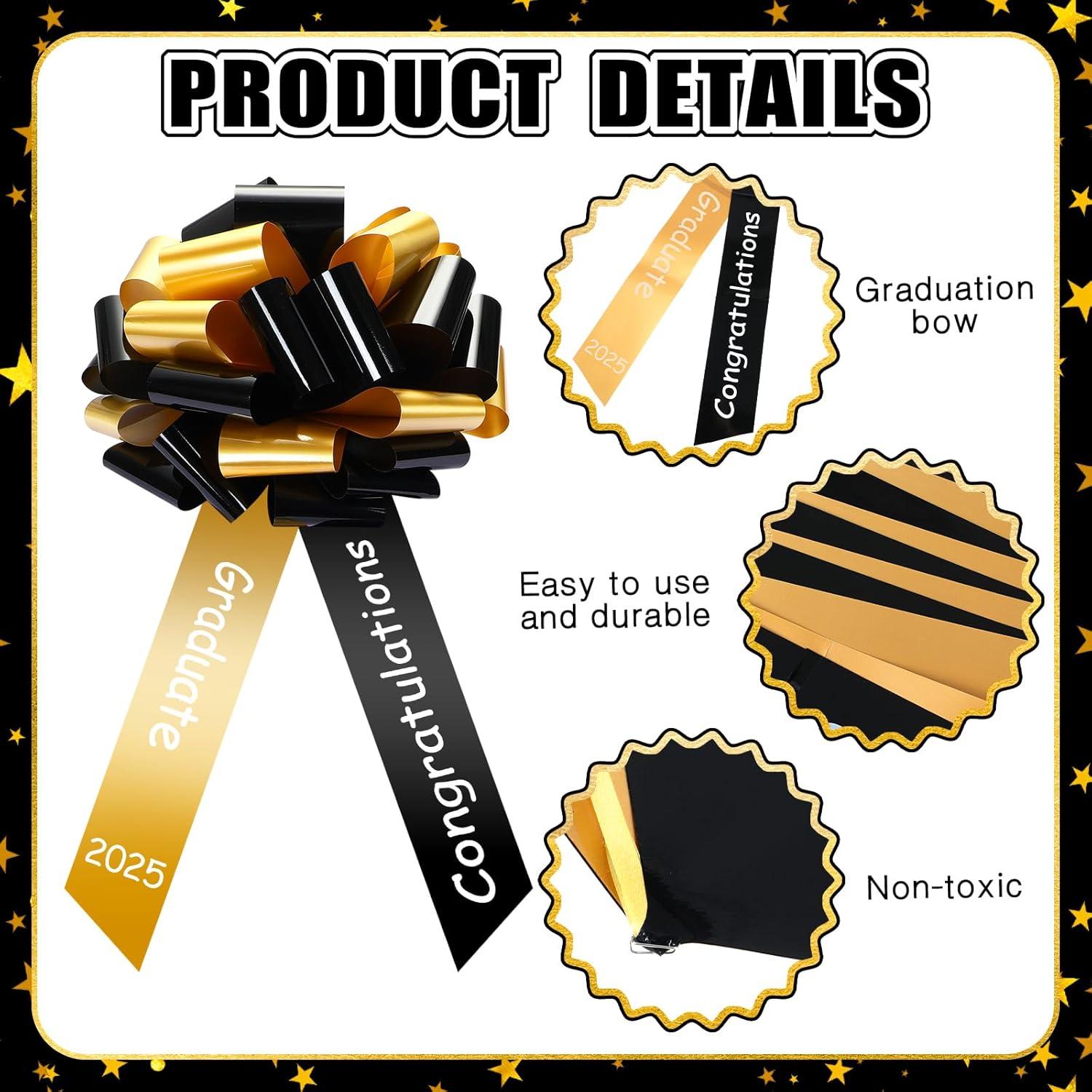 imageGeosar 20 Inch Graduate Big Car Bow Large Giant Graduation Congratulations Car Bow Ribbon for 2025 Graduation Gift Birthday Party Decoration Black Gold