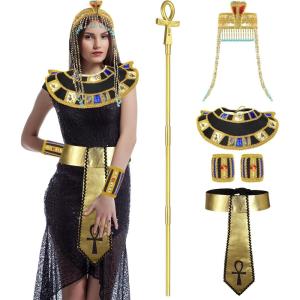 imageGeosar 5 Pcs Halloween Egyptian PharaohCleopatra Costume Accessory Headpiece Hat Cane Belt Collar Wristbands for Men Women