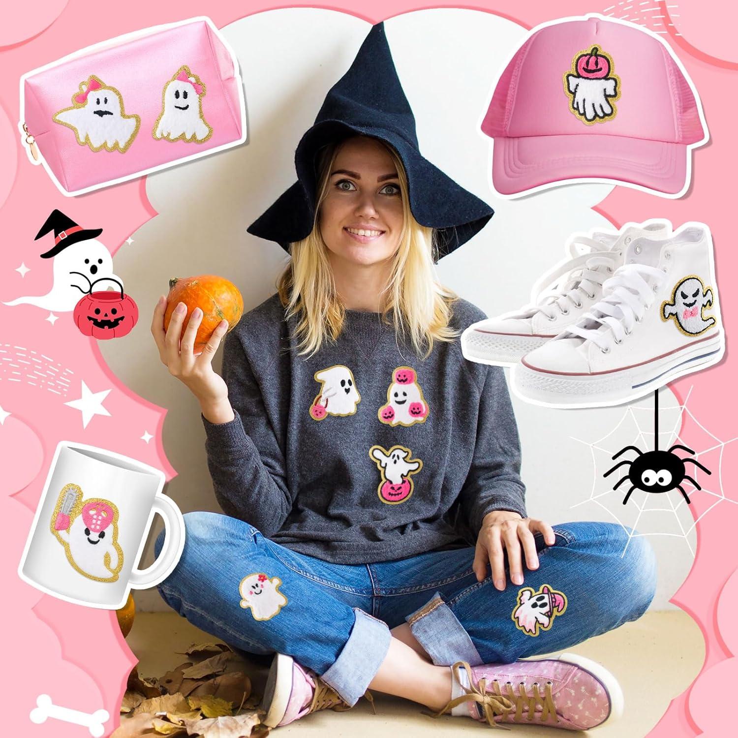 imageGeosar 20 Pcs Halloween Self Adhesive Patches Boo Cute Ghost Sew on Stickers Applique Washable for DIY Crafts T Shirt Clothing Jackets Backpacks Jeans Party Decorations Pink BooPink Ghost
