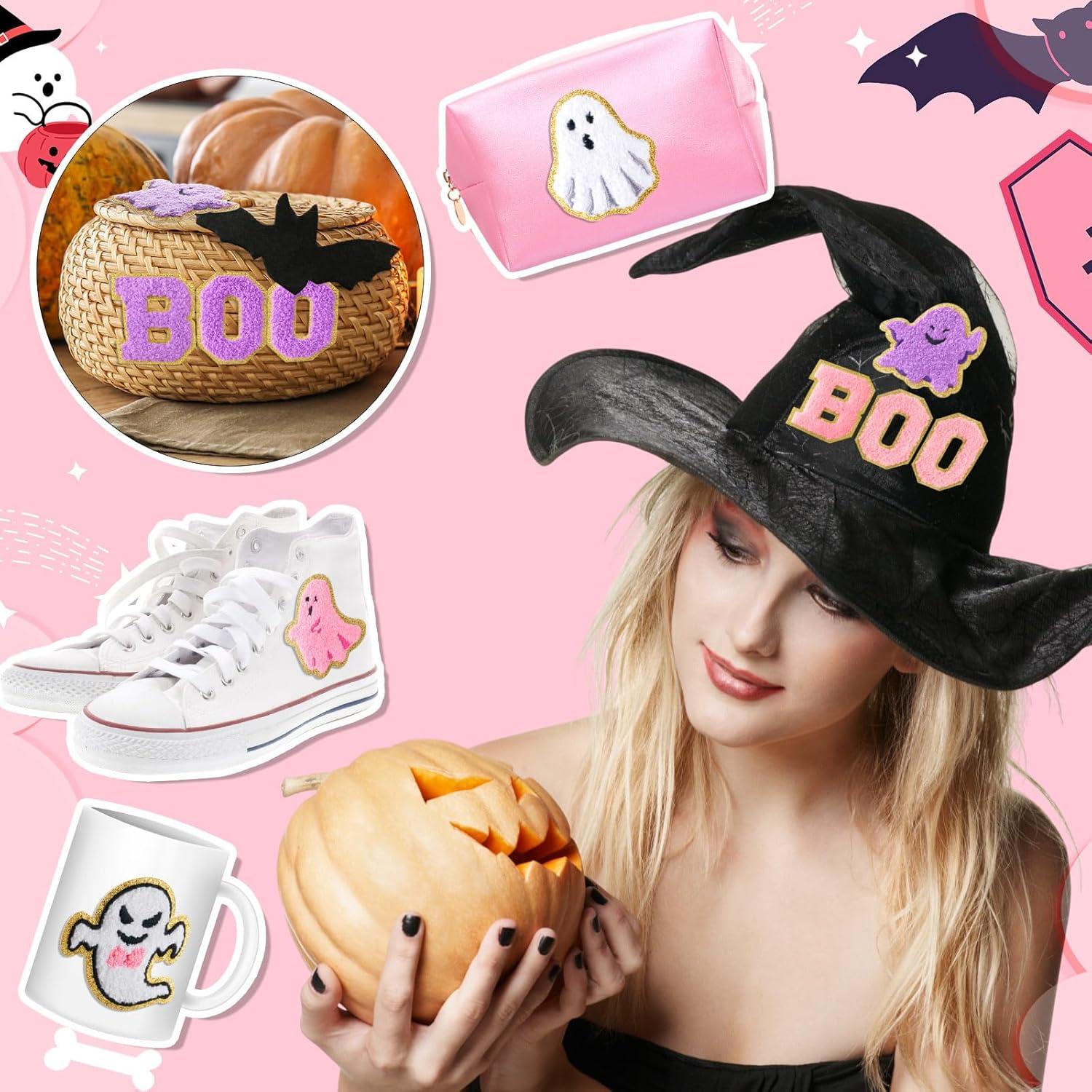 imageGeosar 20 Pcs Halloween Self Adhesive Patches Boo Cute Ghost Sew on Stickers Applique Washable for DIY Crafts T Shirt Clothing Jackets Backpacks Jeans Party Decorations Pink BooPink Boo