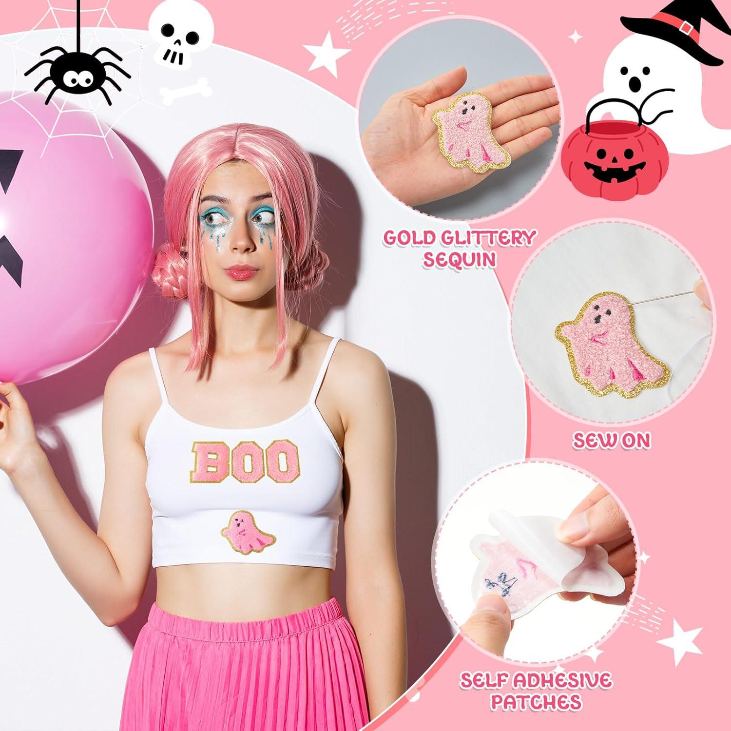 imageGeosar 20 Pcs Halloween Self Adhesive Patches Boo Cute Ghost Sew on Stickers Applique Washable for DIY Crafts T Shirt Clothing Jackets Backpacks Jeans Party Decorations Pink BooPink Boo