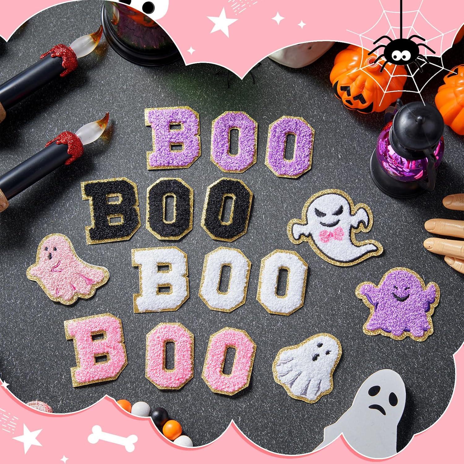 imageGeosar 20 Pcs Halloween Self Adhesive Patches Boo Cute Ghost Sew on Stickers Applique Washable for DIY Crafts T Shirt Clothing Jackets Backpacks Jeans Party Decorations Pink BooPink Boo
