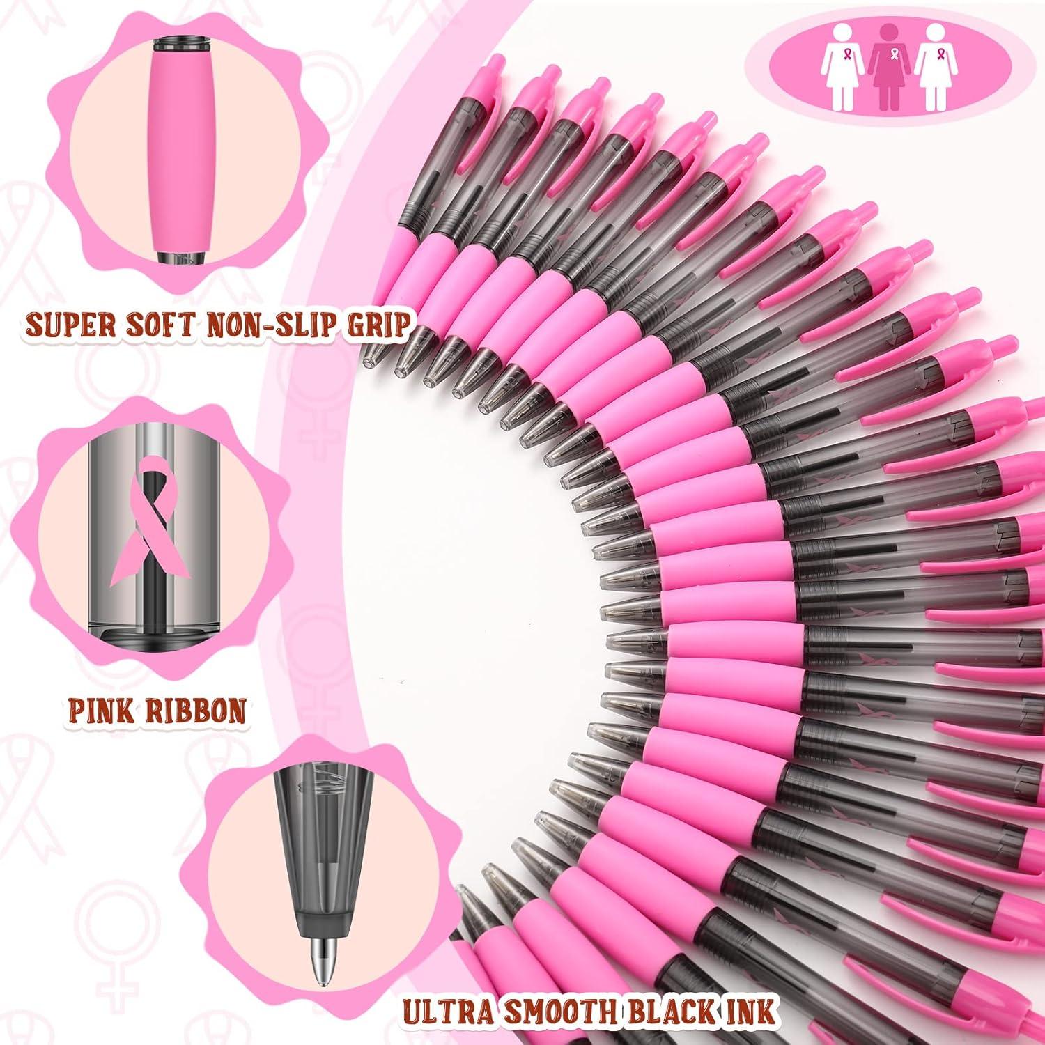 imageGeosar 48 Pcs Breast Cancer Awareness Ribbon Pen Bulk Pink Gel Retractable Black Ink Fine Point Pen for Girls Women Breast Cancer Mental Health Ovarian Cervical48
