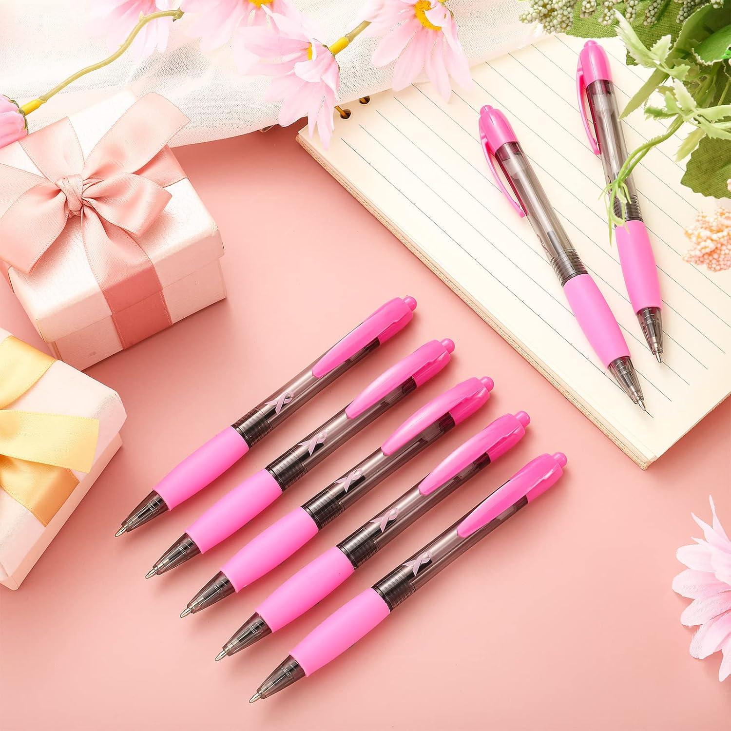imageGeosar 48 Pcs Breast Cancer Awareness Ribbon Pen Bulk Pink Gel Retractable Black Ink Fine Point Pen for Girls Women Breast Cancer Mental Health Ovarian Cervical48