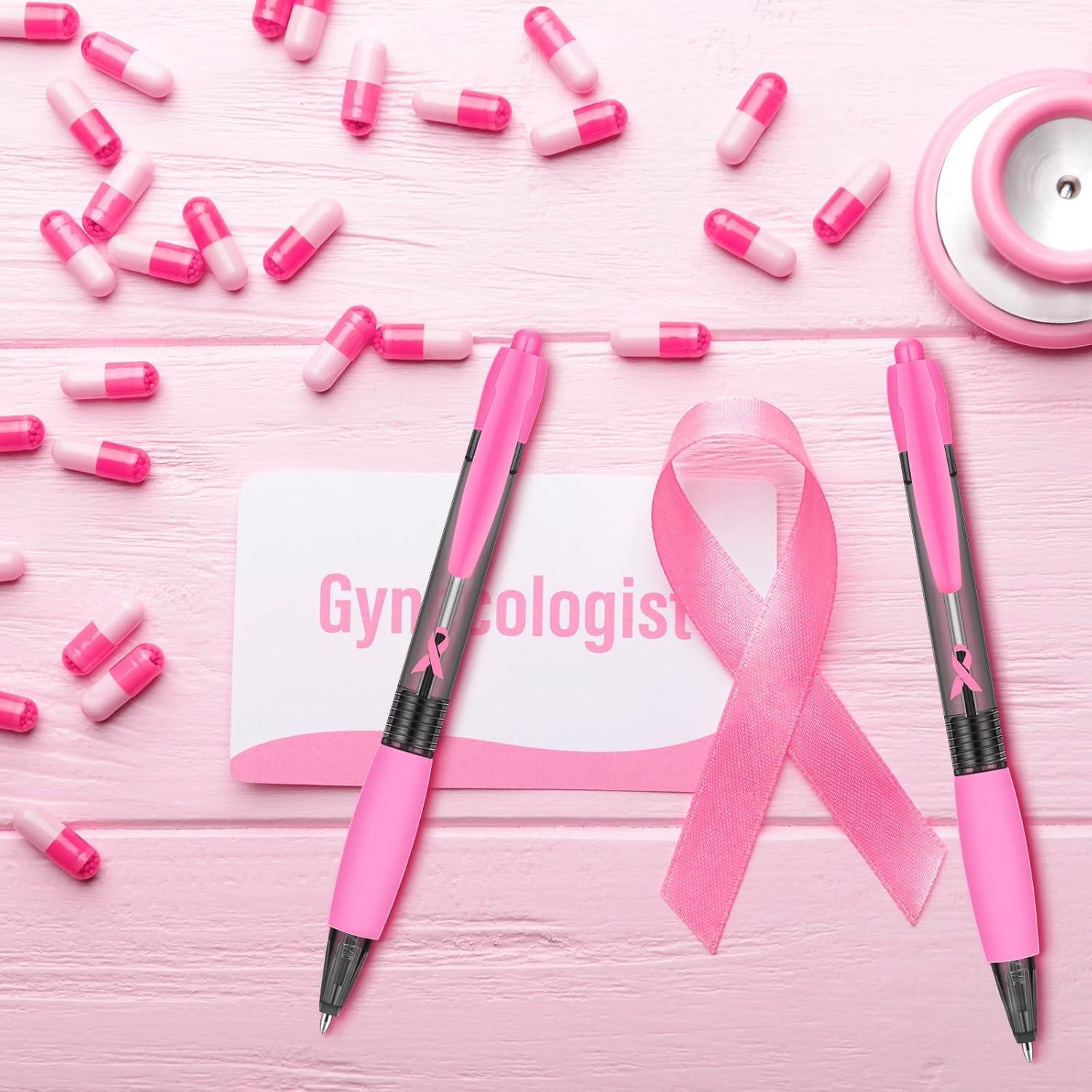 imageGeosar 48 Pcs Breast Cancer Awareness Ribbon Pen Bulk Pink Gel Retractable Black Ink Fine Point Pen for Girls Women Breast Cancer Mental Health Ovarian Cervical48
