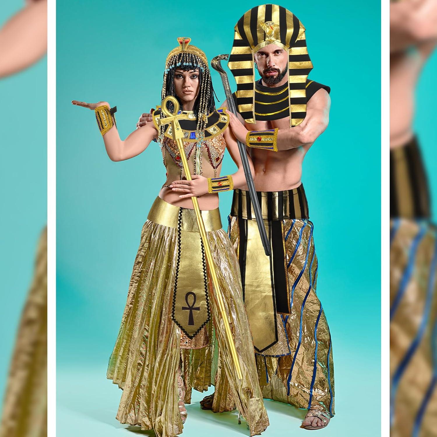 imageGeosar 5 Pcs Halloween Egyptian Costume Accessory Set Include Pharaoh Headpiece Hat Cobra Cane Belt Collar Wristbands for Men