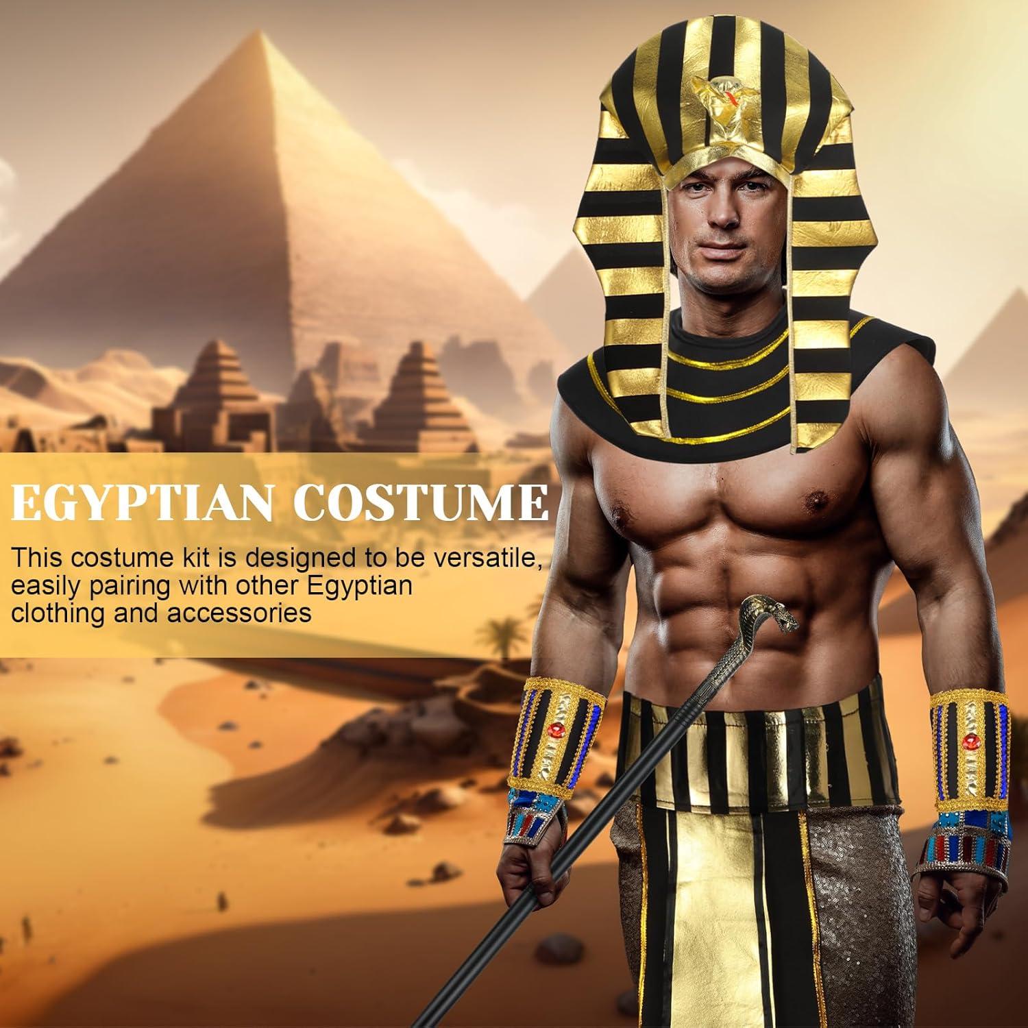 imageGeosar 5 Pcs Halloween Egyptian Costume Accessory Set Include Pharaoh Headpiece Hat Cobra Cane Belt Collar Wristbands for Men