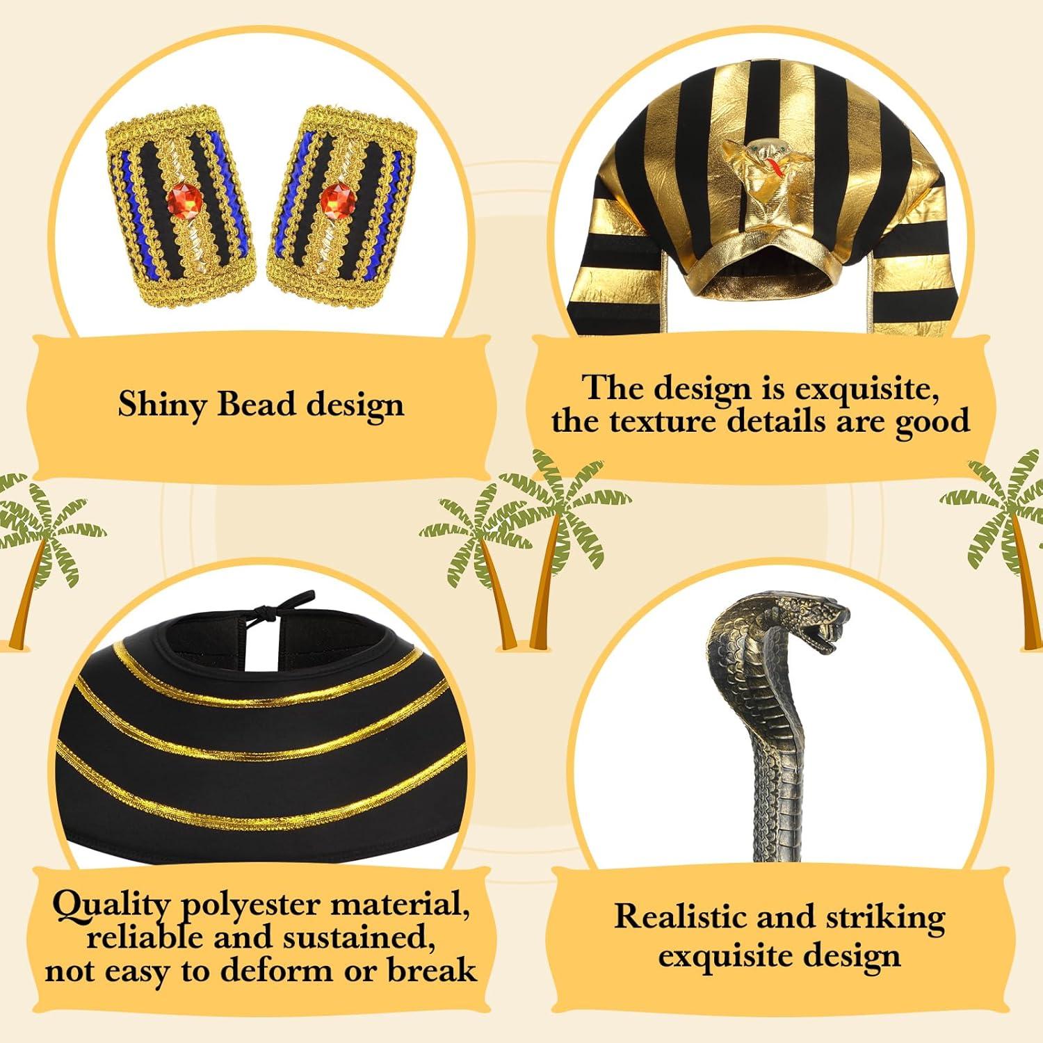 imageGeosar 5 Pcs Halloween Egyptian Costume Accessory Set Include Pharaoh Headpiece Hat Cobra Cane Belt Collar Wristbands for Men