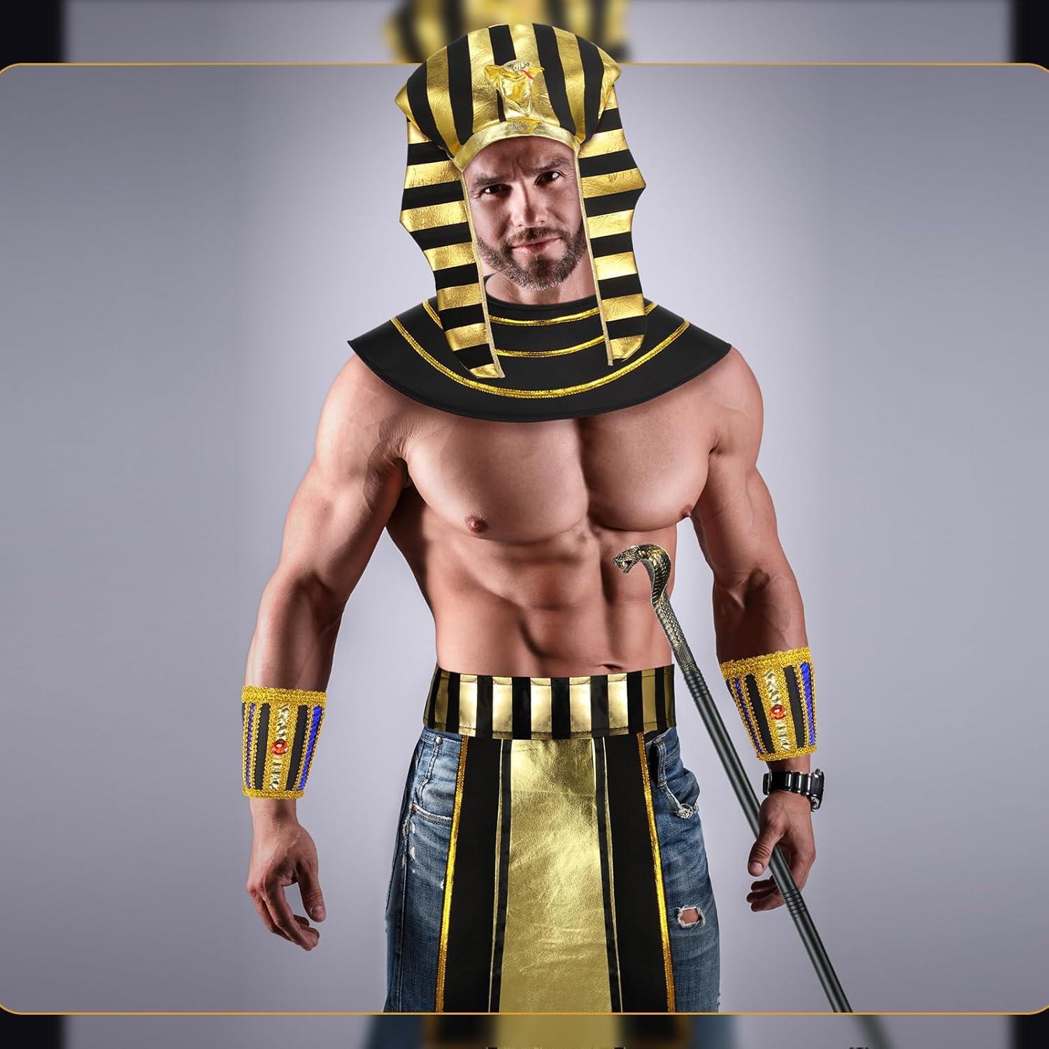 imageGeosar 5 Pcs Halloween Egyptian Costume Accessory Set Include Pharaoh Headpiece Hat Cobra Cane Belt Collar Wristbands for Men