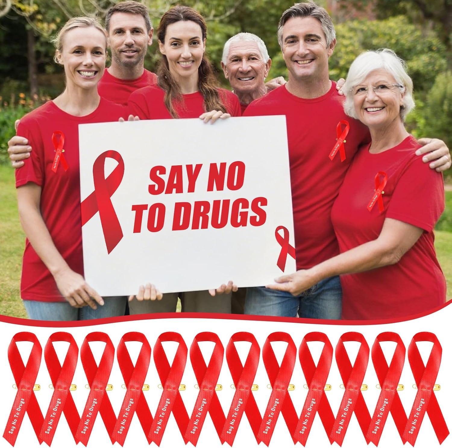 imageGeosar 50 Pcs Red Ribbon Pins AntiDrugs Awareness Say No to Drugs Red Ribbon with Safety Pins Public Campaign Party Favors Supplies