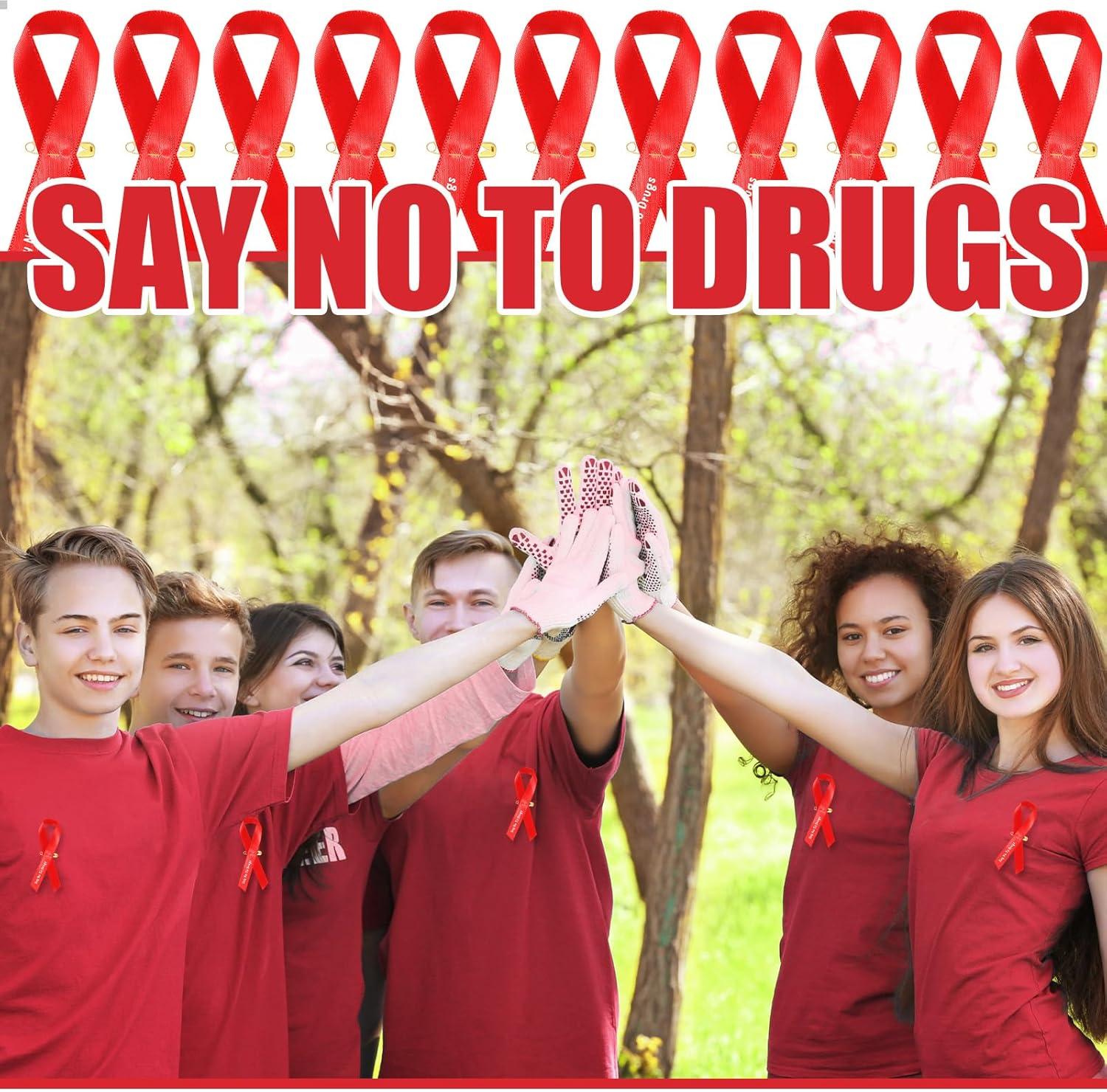 imageGeosar 50 Pcs Red Ribbon Pins AntiDrugs Awareness Say No to Drugs Red Ribbon with Safety Pins Public Campaign Party Favors Supplies