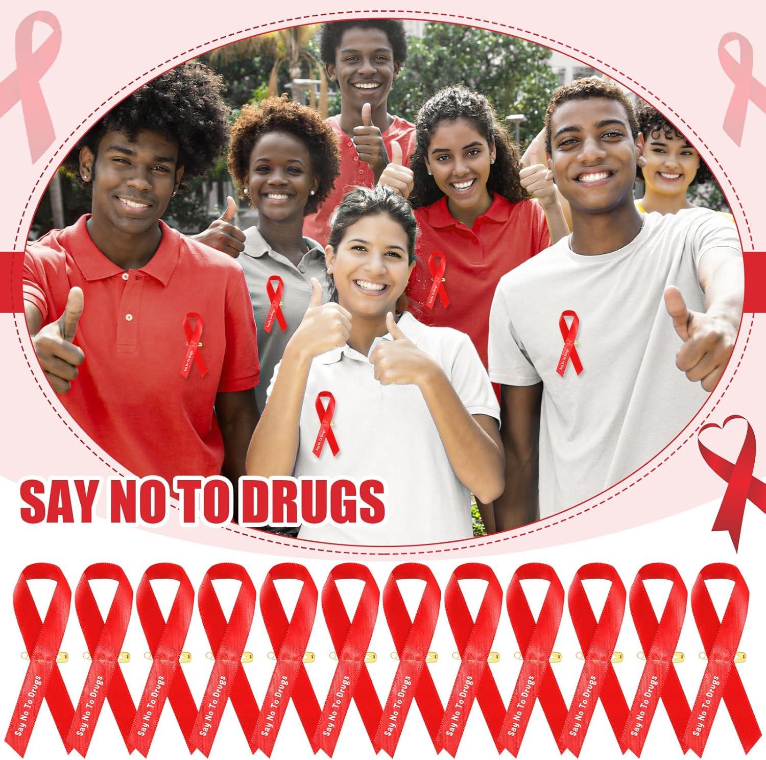 imageGeosar 50 Pcs Red Ribbon Pins AntiDrugs Awareness Say No to Drugs Red Ribbon with Safety Pins Public Campaign Party Favors Supplies