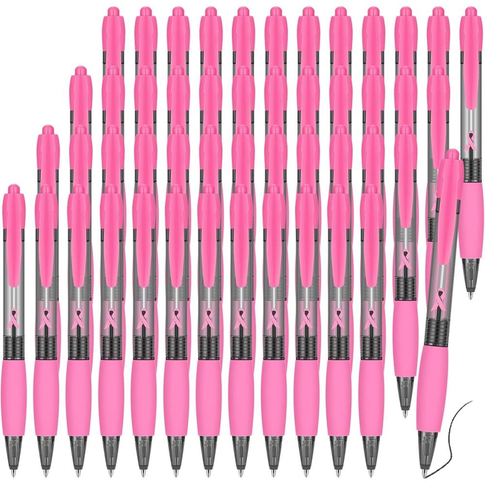 imageGeosar 48 Pcs Breast Cancer Awareness Ribbon Pen Bulk Pink Gel Retractable Black Ink Fine Point Pen for Girls Women Breast Cancer Mental Health Ovarian Cervical48