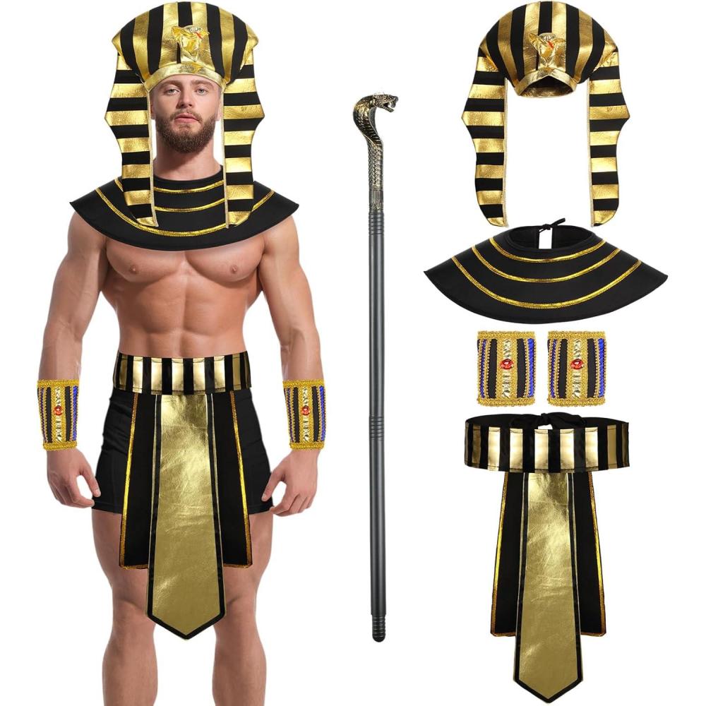 imageGeosar 5 Pcs Halloween Egyptian Costume Accessory Set Include Pharaoh Headpiece Hat Cobra Cane Belt Collar Wristbands for Men