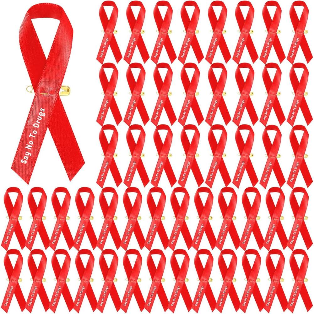 imageGeosar 50 Pcs Red Ribbon Pins AntiDrugs Awareness Say No to Drugs Red Ribbon with Safety Pins Public Campaign Party Favors Supplies
