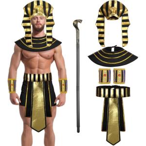 imageGeosar 5 Pcs Halloween Egyptian Costume Accessory Set Include Pharaoh Headpiece Hat Cobra Cane Belt Collar Wristbands for Men