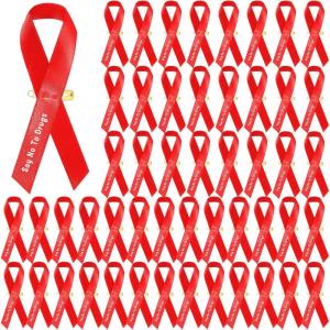 imageGeosar 50 Pcs Red Ribbon Pins AntiDrugs Awareness Say No to Drugs Red Ribbon with Safety Pins Public Campaign Party Favors Supplies