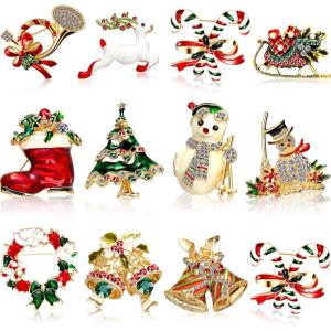 image12 Pcs Christmas Brooches Xmas Rhinestone Crystal Brooch Pins Santa Claus Snowflake Bell Bow Knot Reindeer Boots Garland Christmas Stockings and Tree Pins for Xmas Holiday Party Celebration