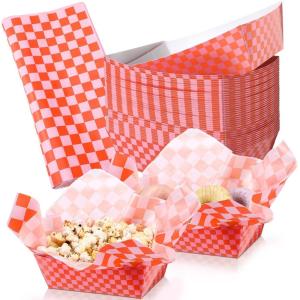 imageGeosar 100 Pcs Gingham Party Supply Disposable Paper Food Tray Bulk Disposable Food Boat with Checkered Wax Paper Sheet Checkered Wrapping Supply for Carnival Picnic Birthday Party Orange BlackOrange Pink