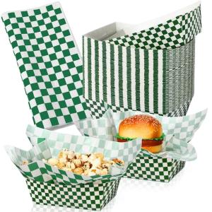 imageGeosar 100 Pcs Gingham Party Supply Disposable Paper Food Tray Bulk Disposable Food Boat with Checkered Wax Paper Sheet Checkered Wrapping Supply for Carnival Picnic Birthday Party Orange BlackDark Green White
