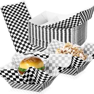 imageGeosar 100 Pcs Gingham Party Supply Disposable Paper Food Tray Bulk Disposable Food Boat with Checkered Wax Paper Sheet Checkered Wrapping Supply for Carnival Picnic Birthday Party Orange BlackBlack White