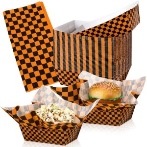 imageGeosar 100 Pcs Gingham Party Supply Disposable Paper Food Tray Bulk Disposable Food Boat with Checkered Wax Paper Sheet Checkered Wrapping Supply for Carnival Picnic Birthday Party Orange BlackOrange Black