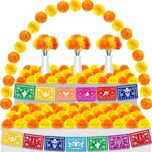imageGeosar 118 Pcs Mexican Party Decorations Include Marigold Flowers Dia De Los Muertos Banner for Day of The Dead Cinco De Mayo Mexican Fiesta Party Diwali Supplies OrangeOrange and Yellow