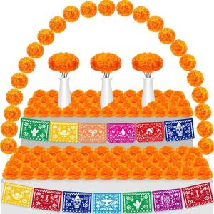 imageGeosar 118 Pcs Mexican Party Decorations Include Marigold Flowers Dia De Los Muertos Banner for Day of The Dead Cinco De Mayo Mexican Fiesta Party Diwali Supplies OrangeOrange
