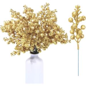 imageGeosar 36 Pcs Christmas Glittered Berries Stems 79 Inch Artificial Berries Sprays Branches Floral Pick for Christmas Tree Ornament DIY Xmas Wreath Crafts Home DecorTurquoisePure ColorGold